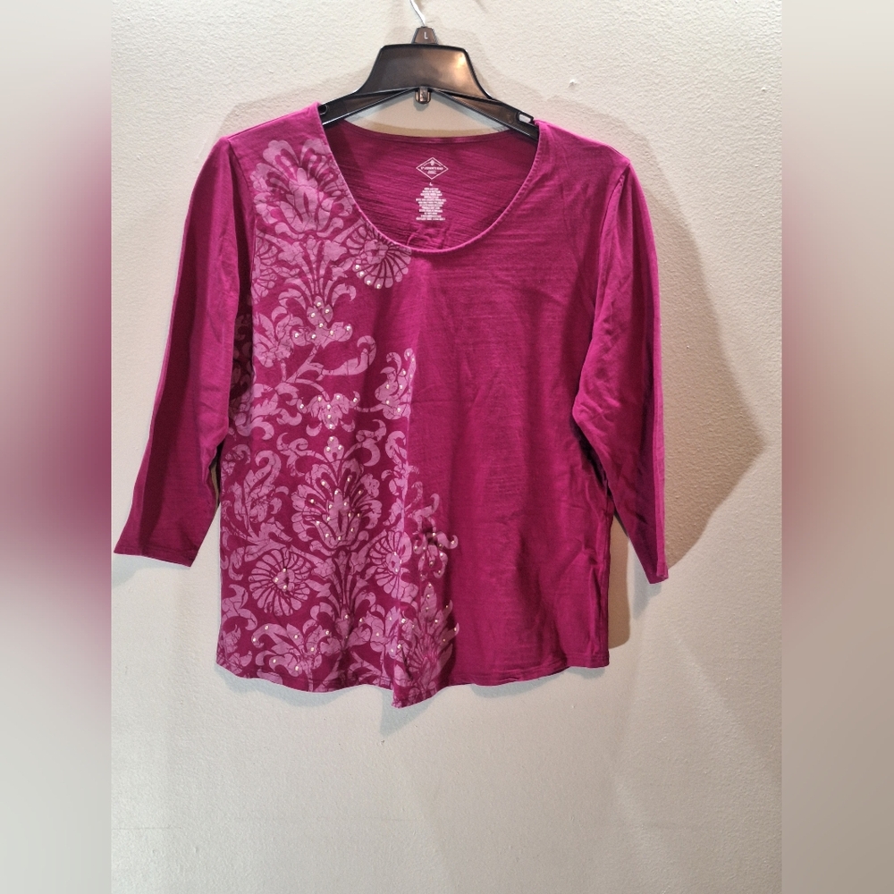 St. John’s Bay Vintage Active T-Shirt, ¾ Sleeve, Color: Fuchsia  Size: Large